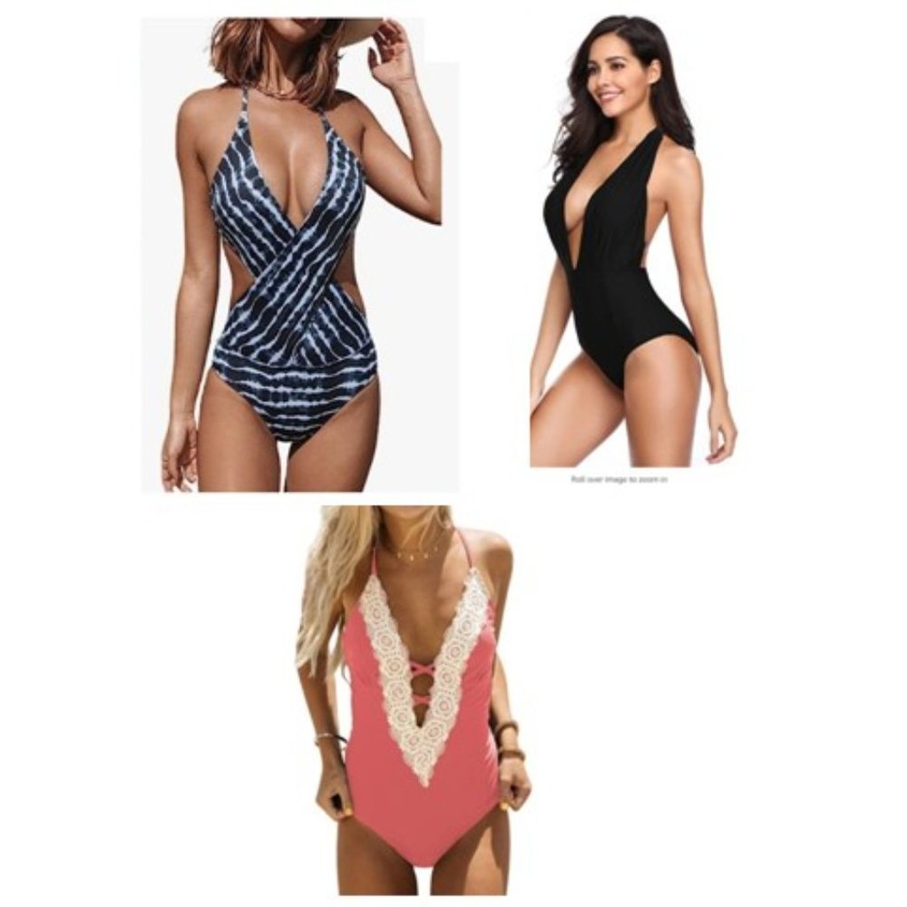 Lot of 3 Swimsuit Bikini Tassel Trim Top Halter Straps One pieces size LARGE
